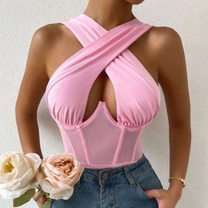 PINK CROSS WRAP MESH CORSET PANEL BODYSUIT CHIC CLASSY TRENDY